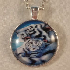 Silver Mystical White Tiger Cabochon Pendant Chain Necklace Gift